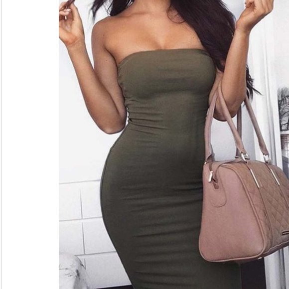 Trendy Dew Shoulder Army Green Ankle Length Dress - Picture 1 of 2